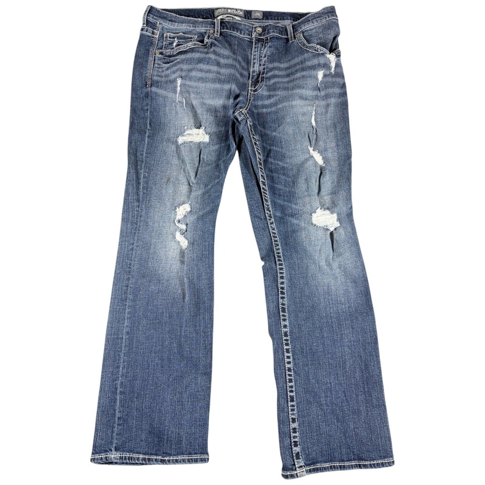 BKE Derek Jeans Mens 40R Blue Distressed Bootcut Workwear Washed Western Denim